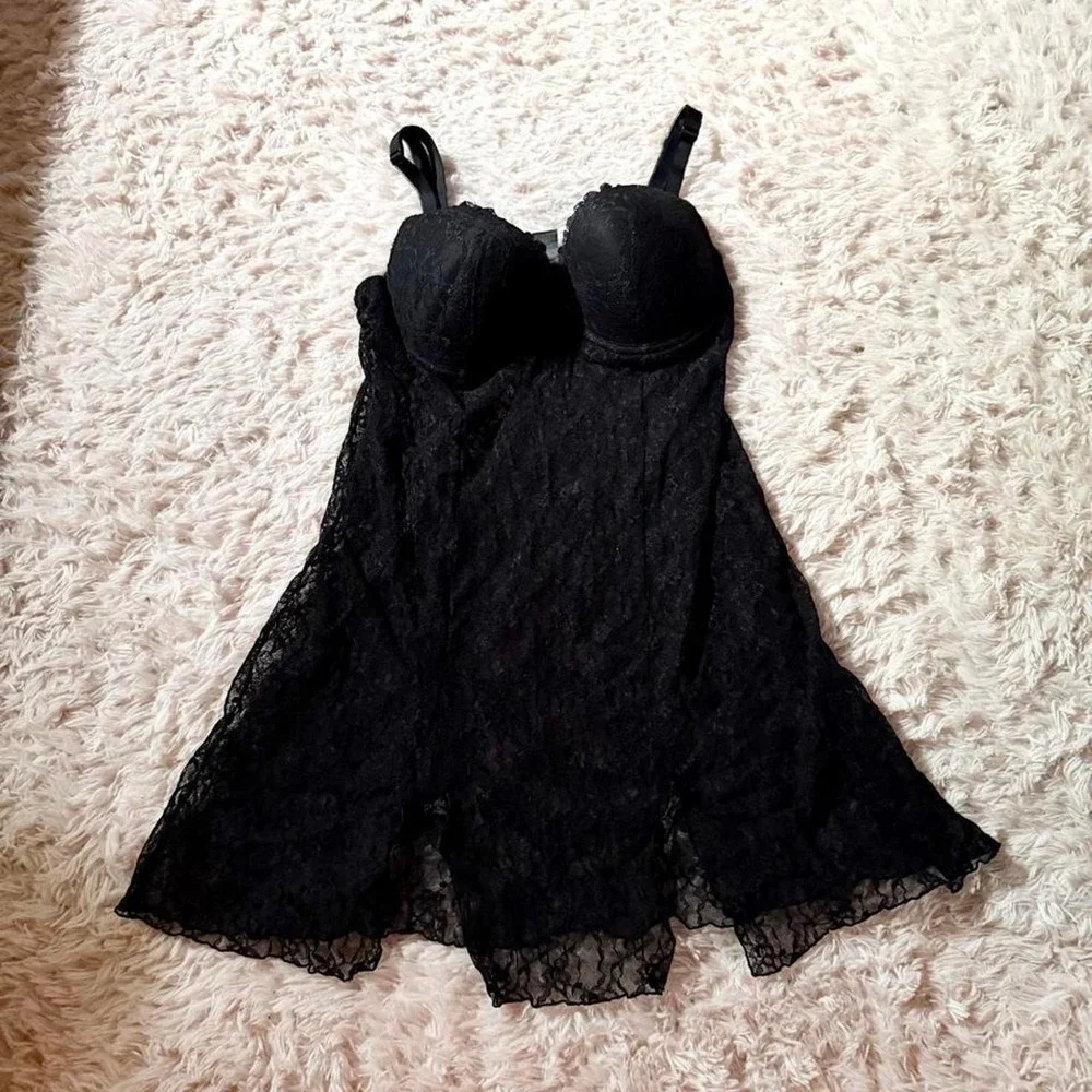 Black Lace Whimsygoth Emo Sexy Padded Lingerie Slip Dress Womens 38C Mysterious